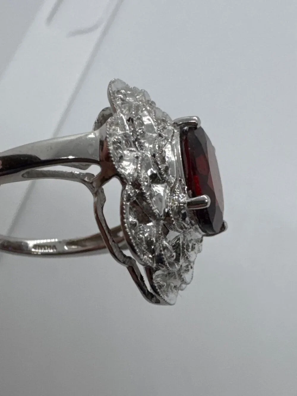 Sterling Silver Garnet Type Ring 925 India Floral Halo Cocktail Size 8 Romantic